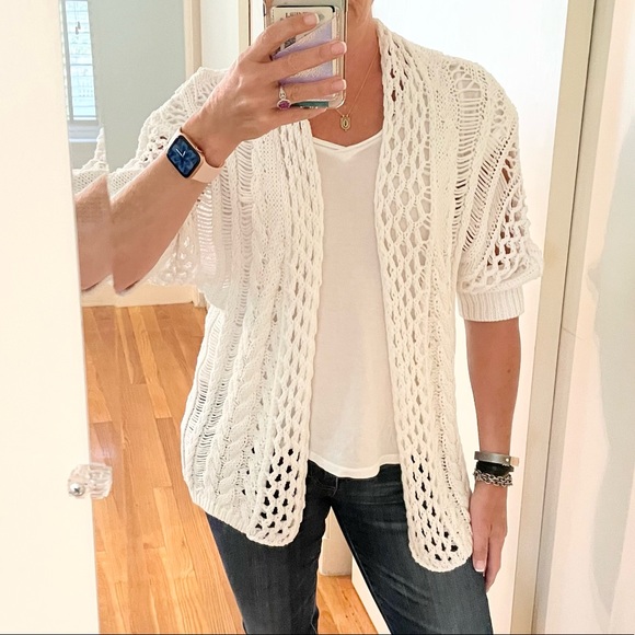 Moth x Anthropologie White Crochet Open Weave Dolman Cardigan Sweater - Picture 8 of 13
